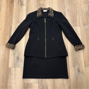 VTG! 90'S 🌟CDC🌟 LEOPARD & RIB KNIT JACKET SKIRT SUIT BLACK SZ 12